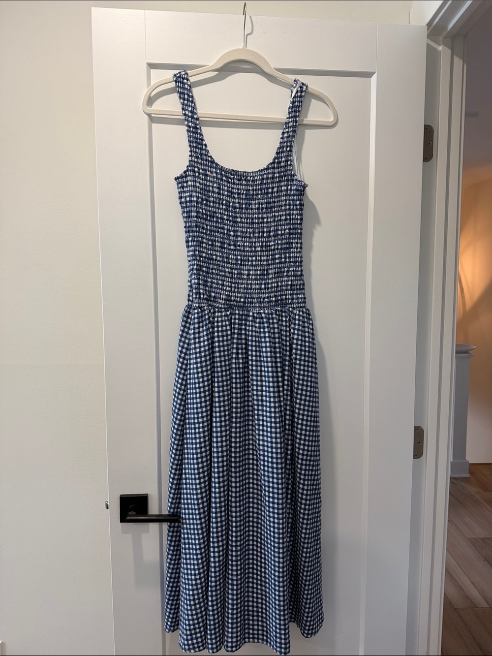 Blue Gingham Smocked Midi Dress